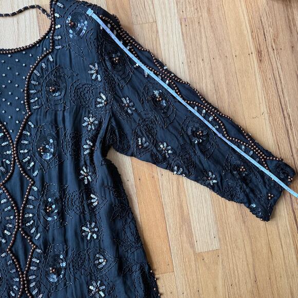 Vintage JLB Silk Black Beaded Sequin Tunic Top Size L (approx) 80's 90's Holiday - Picture 11 of 15